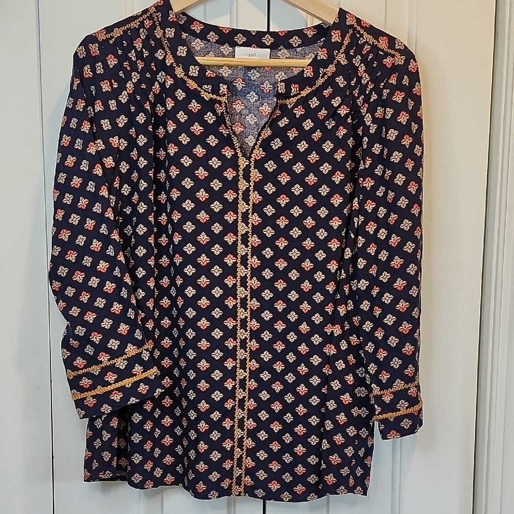 JJill Argyle Diamond Navy Embroidered Detail 3/4 Sleeve V-Neck Women's Blouse M